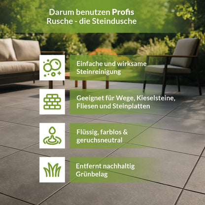 Informationsgrafik zum Steinreiniger TerraDomi Rusche mit Vorteilen wie wirksame Steinreinigung, vielseitige Anwendung und nachhaltige Entfernung von Grünbelag.